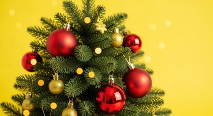 Festive evergreen with red and gold ornaments against a bright yellow background, soft bokeh lights