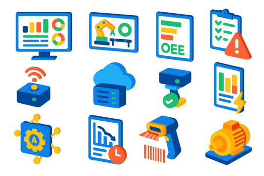 Industrial Dashboard Icons. Isometric vector illustration set Industrial Data and Monitoring: production dashboard, machine status