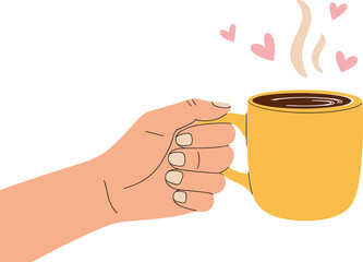 Minimalist illustration of hand holding yellow coffee cup with steam and heart shapes, cozy morning drink and relaxation concept
