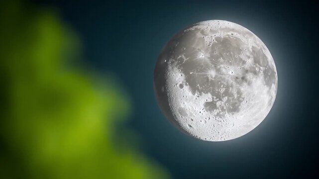 Celestial Nightscape: A luminous full moon majestically graces the night sky, its surface etched with intricate details, while a soft, blurred foreground adds a touch of mystery.