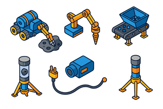 Space Mining Equipment. Isometric vector illustration set Space exploration &ndash; asteroid miner, drilling arm, hopper bin; sorting