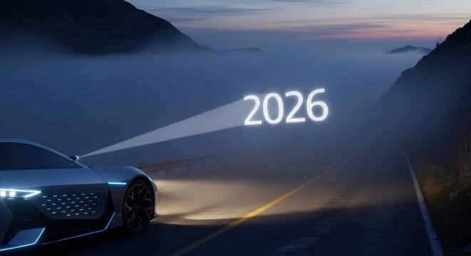 Futuristic car driving on a mountain road at dusk; headlights illuminate "2026" in the mist - Powered by Adobe