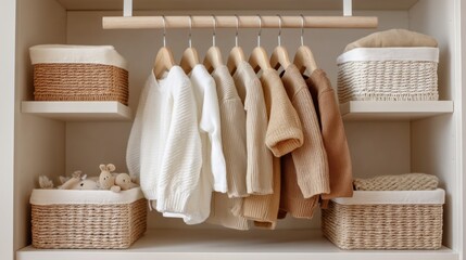 Brightly lit nursery features a well-organized clothing rack holding soft, neutral-toned kids outfits. Woven baskets sit above, keeping toys and accessories tidy for easy access and storage