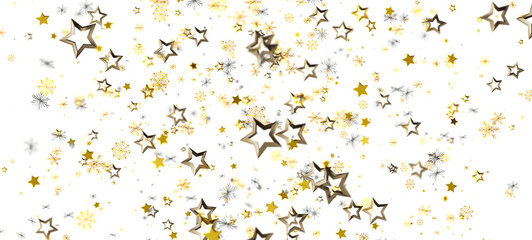 Festive background with falling golden stars and snowflakes against a clean white backdrop. Ideal for Christmas, New Year, celebrations, and mor