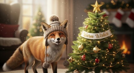 A charming fox in a knit hat stands beside a decorated Christmas tree, festive holiday scene with soft lighting and cozy fireplace