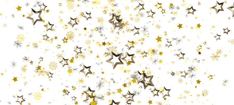 Festive background with falling golden stars and snowflakes against a clean white backdrop. Ideal for Christmas, New Year, celebrations, and mor