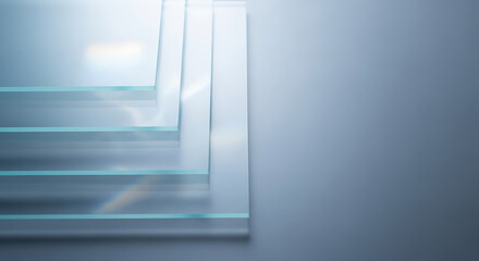 A stack of clear glass panels arranged in a stepped pattern against a light blue background space