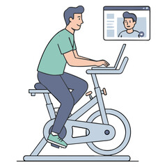 Man on Exercise Bike with Laptop Vector Illustration