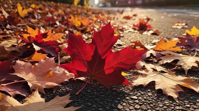Red Maple Leaf Lying on Pavement in Autumn Light