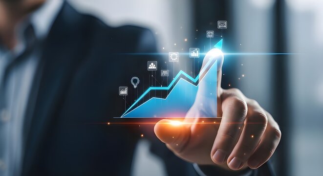 Businessman touching glowing digital graph showing upward financial growth and success - Powered by Adobe
