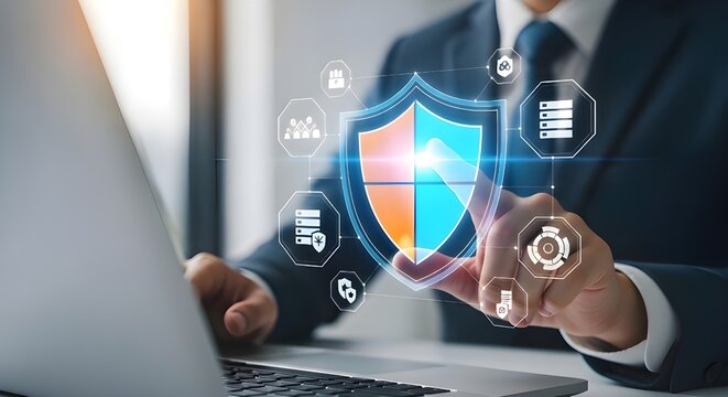 Businessman interacting with glowing digital shield and security icons on futuristic interface