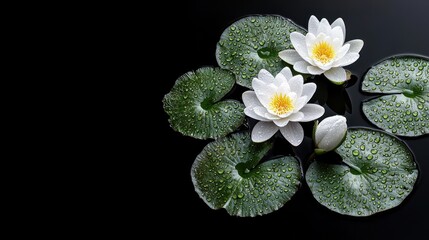 Two white water lilies, a bud, and lily pads with water droplets, rest on a black, reflective surface