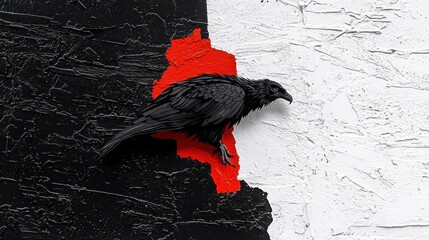 A detailed image of a black bird perched on a red-outlined shape against black and white textured backgrounds