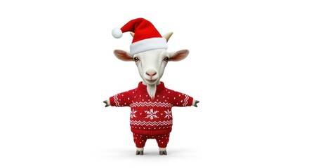A festive goat, standing upright, sports a red sweater and Santa hat, arms outstretched, set against a clean white backdrop
