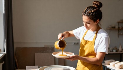 Young woman glazing a handmade ceramic plate in a pottery workshop. Artisan pouring yellow glaze on clay dishware. Creative craft and small business concept