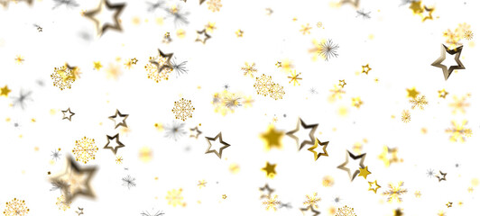 Abstract background with gold stars and snowflakes on white background. Perfect for holiday season. Ideal for Christmas or New Year festive desi