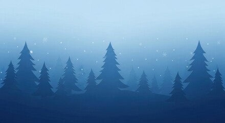 Obraz premium Silhouetted evergreen trees in varying sizes against a gradient blue sky with faint falling snow