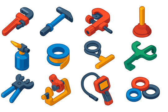 Bold Plumbing Tools. Isometric vector illustration set Plumbing Tools: pipe wrench, basin wrench, pipe cutter, plunger, plumber&rsquo;s