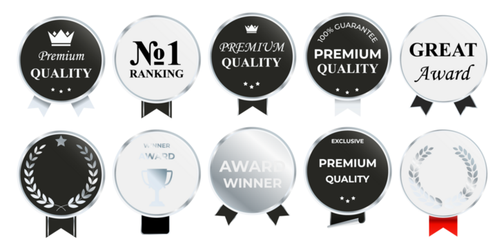 Shiny silver badge and label pack with luxury metallic frames, polished chrome accents, and refined decorative ornaments ideal for premium product packaging and high-end brand visuals
