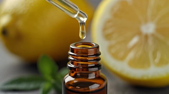 A close-up of a dropper extracting essential oil from a bottle, with fresh lemons in the background, presenting freshness.