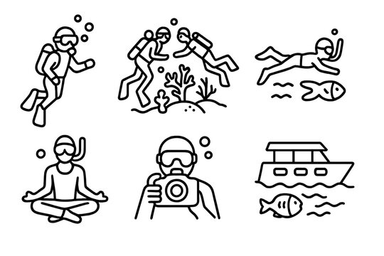 Underwater Hotel Activities Icons. Line style icons of guest activities in underwater hotels: scuba diving excursion, guided reef