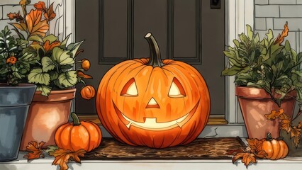 Obraz premium Festive Halloween Pumpkin Display on a Porch with Autumnal Decor.