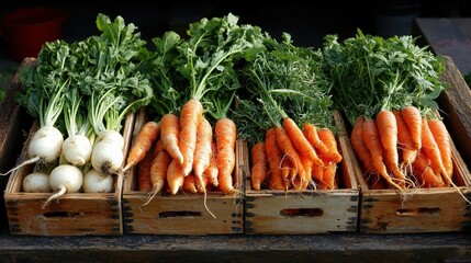 Freshly harvested vegetables, including white root vegetables, carrots, and leafy greens, displayed in wooden crates