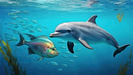 Naklejka premium Dolphin and Fish Swimming in the Ocean Depths.