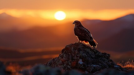 A raptor perches atop a rocky peak silhouetted by the setting sun, with mountains in the soft, golden background