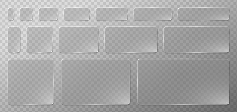 Transparent glassmorphism buttons and panels with glossy reflection and soft blur. Modern 3D glass morphism vector design for digital apps, UI mockups or website interfaces.