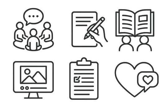 Storytelling Icon Set. Line style icons of reflection and storytelling: group circle talk icon, personal blog writing, shared