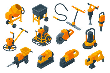Construction Equipment Icons. Isometric vector illustration set Construction: cement mixer, mortar mixer, concrete vibrator,