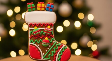 A decorated gingerbread stocking with miniature present cookies sits before a blurred background of festive lights and a Christmas tree