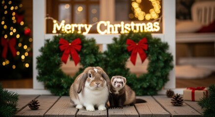 A festive porch scene featuring a rabbit and ferret under a "Merry Christmas" sign, wreaths, & a tree