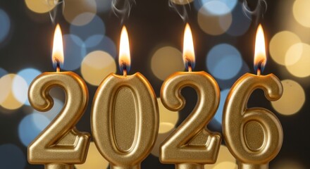 Four golden candles shaped as 2026, flames burning brightly. Smoke rises against a bokeh background of golden and blue lights