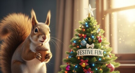 A squirrel holds an acorn near a festively decorated Christmas tree, bathed in soft, warm light. Festive banner
