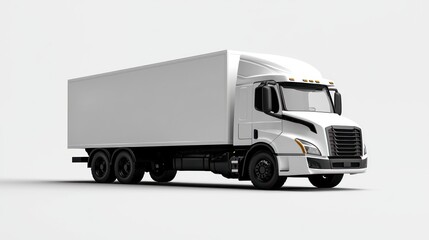 A crisp, isolated, white semi-truck with a long, rectangular trailer, seen from a slightly angled perspective, on a white backdrop