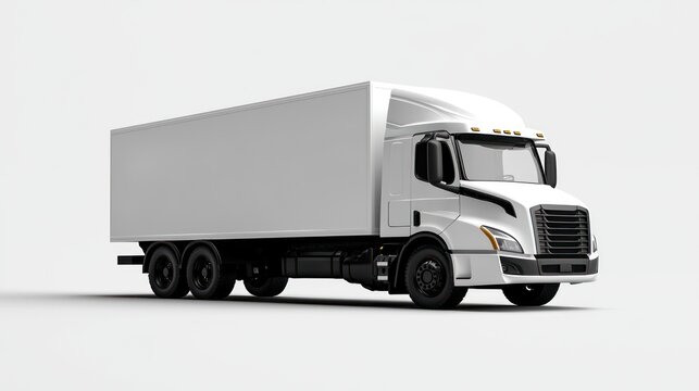 A crisp, isolated, white semi-truck with a long, rectangular trailer, seen from a slightly angled perspective, on a white backdrop