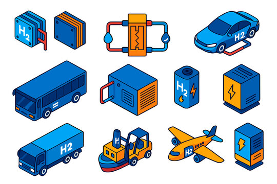 Hydrogen Fuel Cell Technology. Isometric vector illustration set Hydrogen Fuel Cells: PEM fuel cell stack, solid oxide fuel cell,
