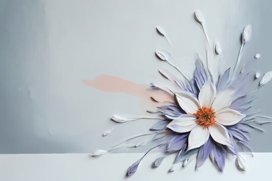 A delicate, abstract flower blooms in soft pastel hues against a minimalist gray backdropwhite petals with lavender accents and an orange center radiate elegance, while gentle brushstrokes add movemen