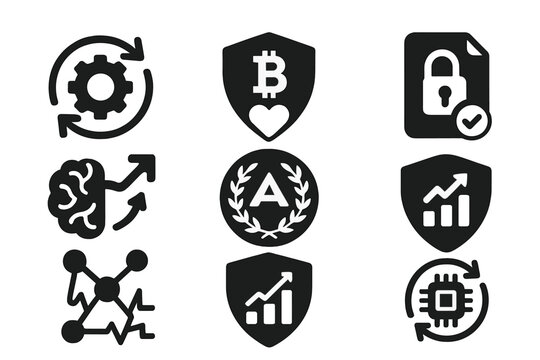 Decentralized Resilience Icons. Solid style icons of decentralized autonomous resilience: DAO with recovery loop, self-healing