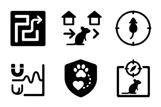 Magnetoreception Tests Icons. Solid style icons of behavioral tests in magnetoreception: maze with direction icon, animal choice