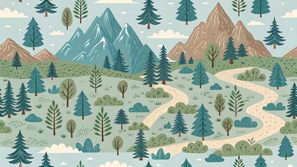 Cartoon mountain landscape with trees road and cloudy sky background illustration