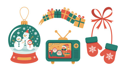 Holiday Festive: A cluster of festive symbols evoking the spirit of the holiday season, with gifts, television, snow globe, and mittens, painted with playful charm, symbolizing the joys of the season.