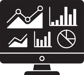 Modern computer monitor displaying a clear data analytics icon with charts and graphs