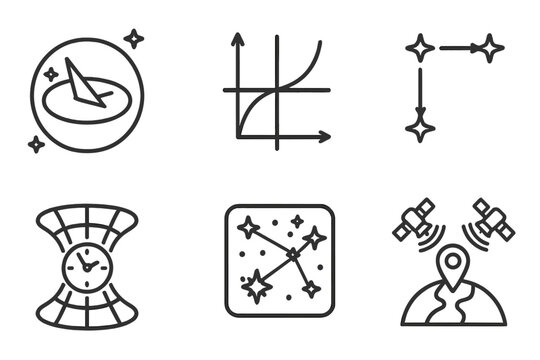 Space and Time Icons. Line style icons of time and navigation in space learning: sundial in orbit, space-time diagram, light-year