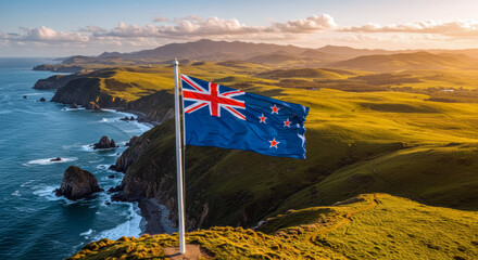 New Zealand Coastal Cliffs at Sunrise with Flag
Keywords:
New Zealand, coastal landscape, cliffs, ocean, beach, sunrise, sunset, dramatic sky, green hills, scenic view, national flag, rugged terrain, 
