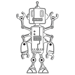 Line drawing of a robot with a boxy head vector. Black and white line drawing of a robot with a boxy head featuring two rectangular eyes and a grid mouth