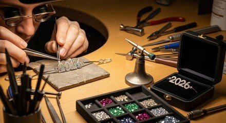 A jeweler meticulously crafts a bracelet with the year 2026, using tools and glittering gemstones on a wooden workbench