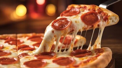 Delicious pepperoni pizza with melted cheese being lifted with a slice